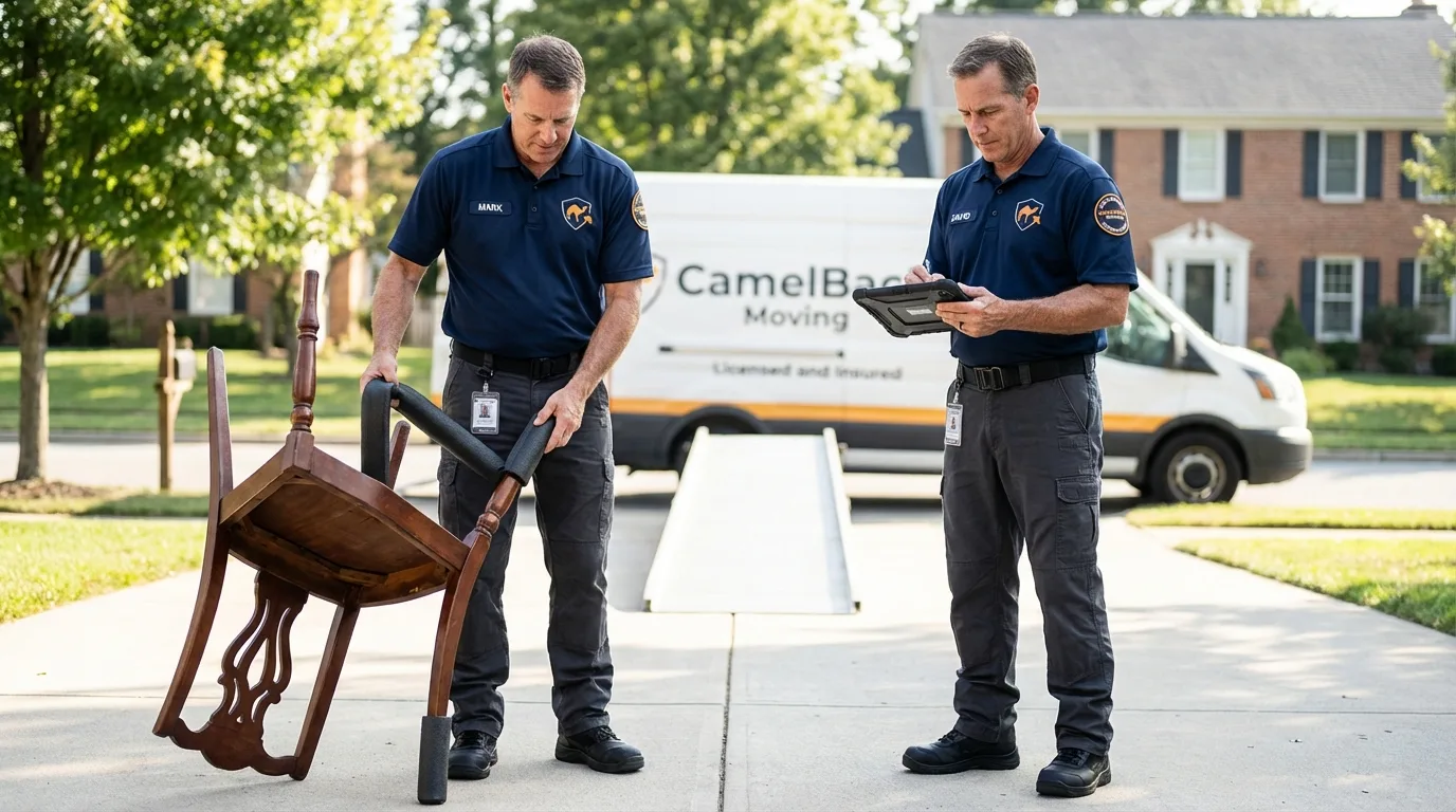 Movers inspecting furniture for damage prevention before loading in Captain Cook, HI